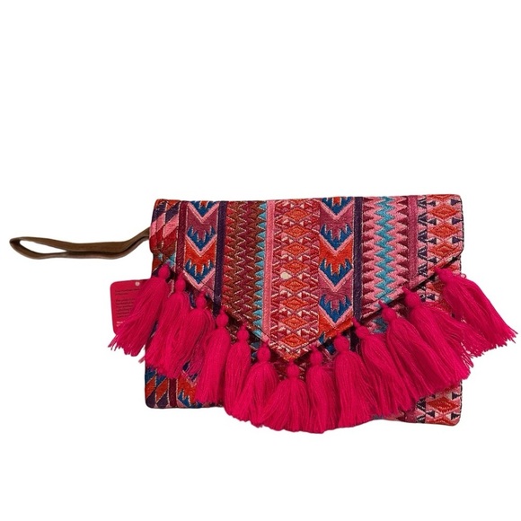 Ethnic Boho Large Clutch Suede Wristlet Bag Handmade Embroidery Tassels Indi NEW - Picture 4 of 16